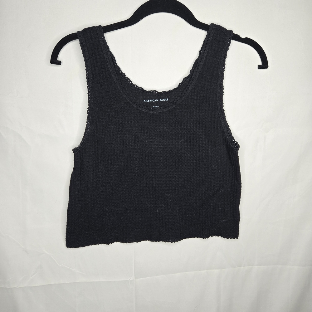 American Eagle Medium Textured Black Slight Crop Top Waffleknit Grunge
